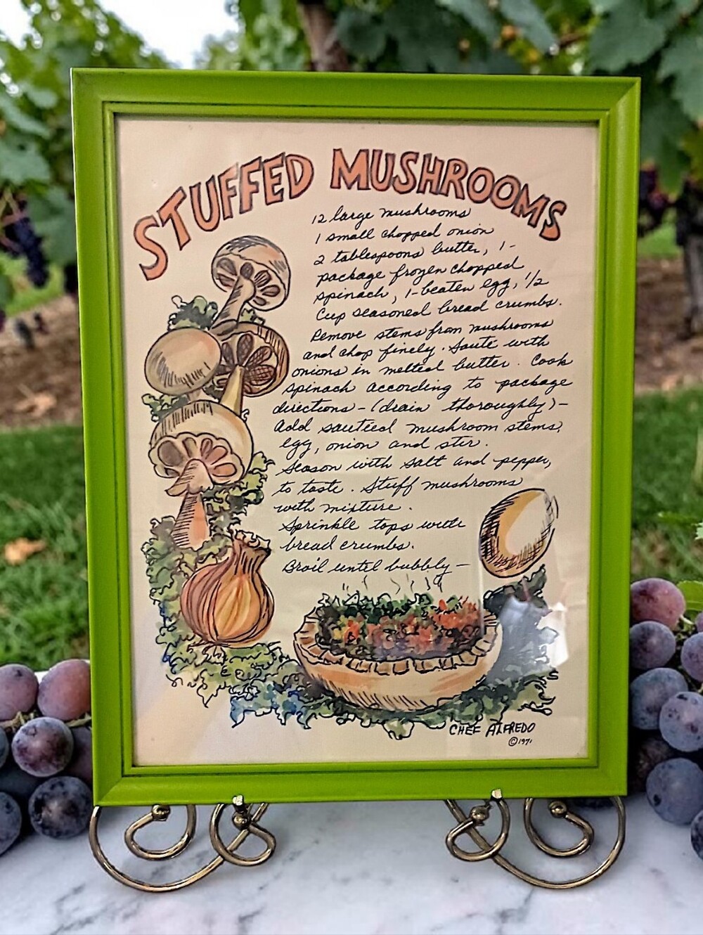 Chef Alfredo Art Print Recipe Framed Picture Broiled Stuffed Mushrooms Signed